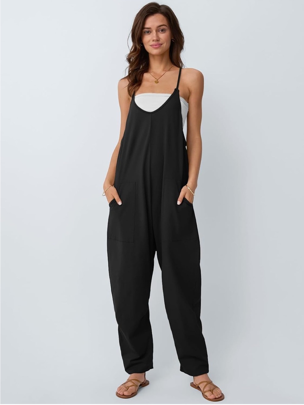 Relaxed Black Spaghetti-Strap Utility Jumpsuit